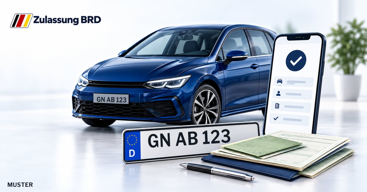 Online Fahrzeugzulassung in Langenselbold: Musterkennzeichen GN AB 123, Auto und Fahrzeugpapiere und Smartphone. Illustration mit Logo von Zulassung BRD.